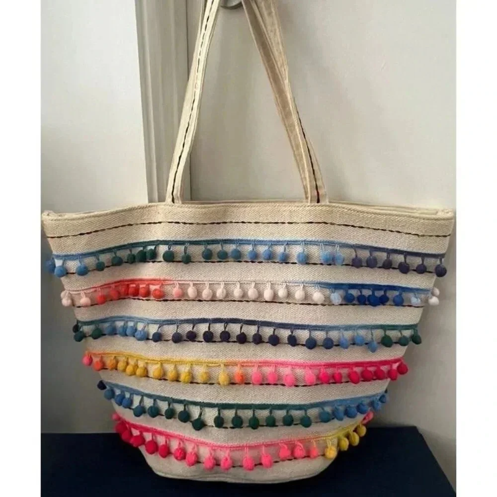 Paper Source Colorful Pom Pom‎ Large Canvas Tote, Colorful Stripes, Zip Closure
